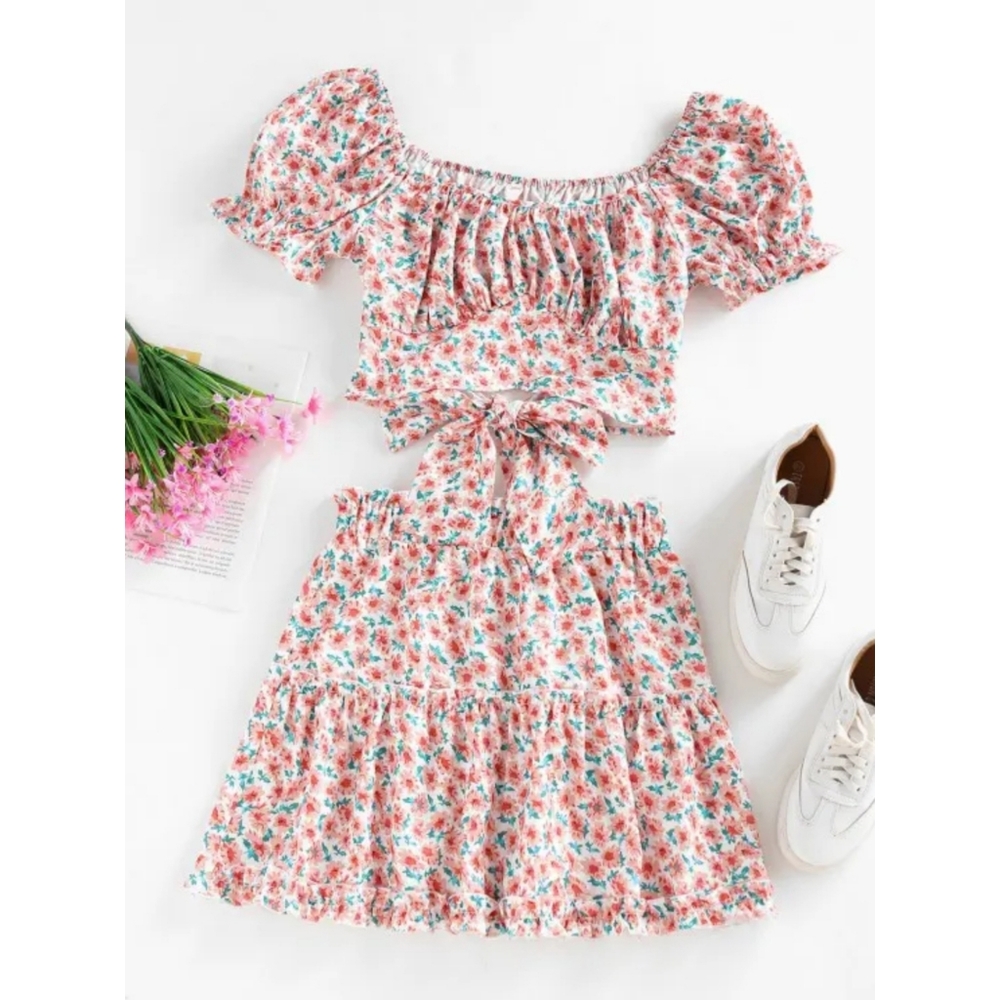 NWT Zaful 2 Piece Floral Puff Sleeve Ruffle Skirt Set Size Small